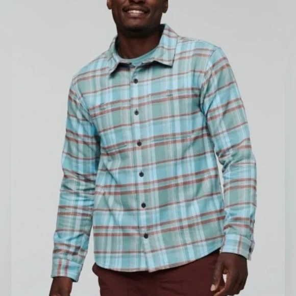 Cotopaxi Mero Bluegrass Plaid Flannel Button Down Shirt 100% organic Cotton Sz L - Picture 2 of 8